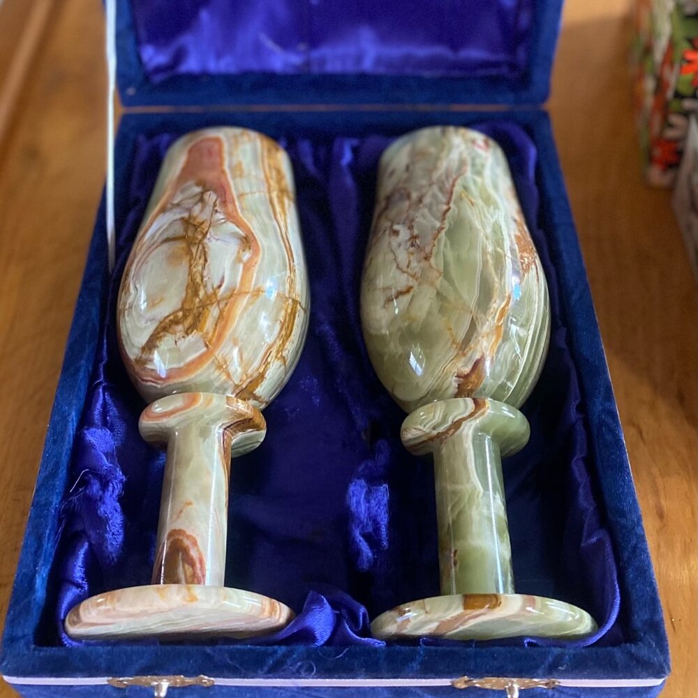 Vintage Genuine Banded Onyx Wine Goblet Set Handcrafted Green Stone Barware